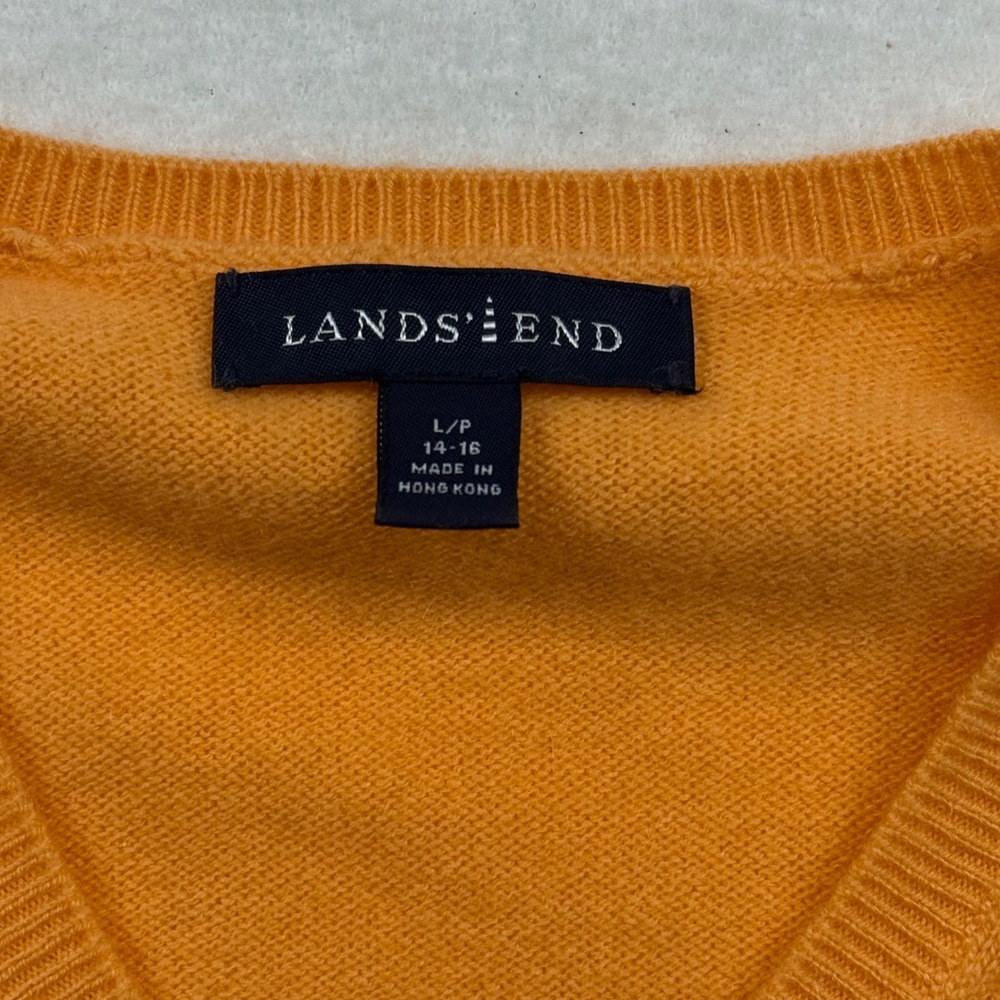 Lands' End V-Neck Sweater 100% Cashmere Vintage Preppy Quiet Luxury Orange L/P - Picture 3 of 11